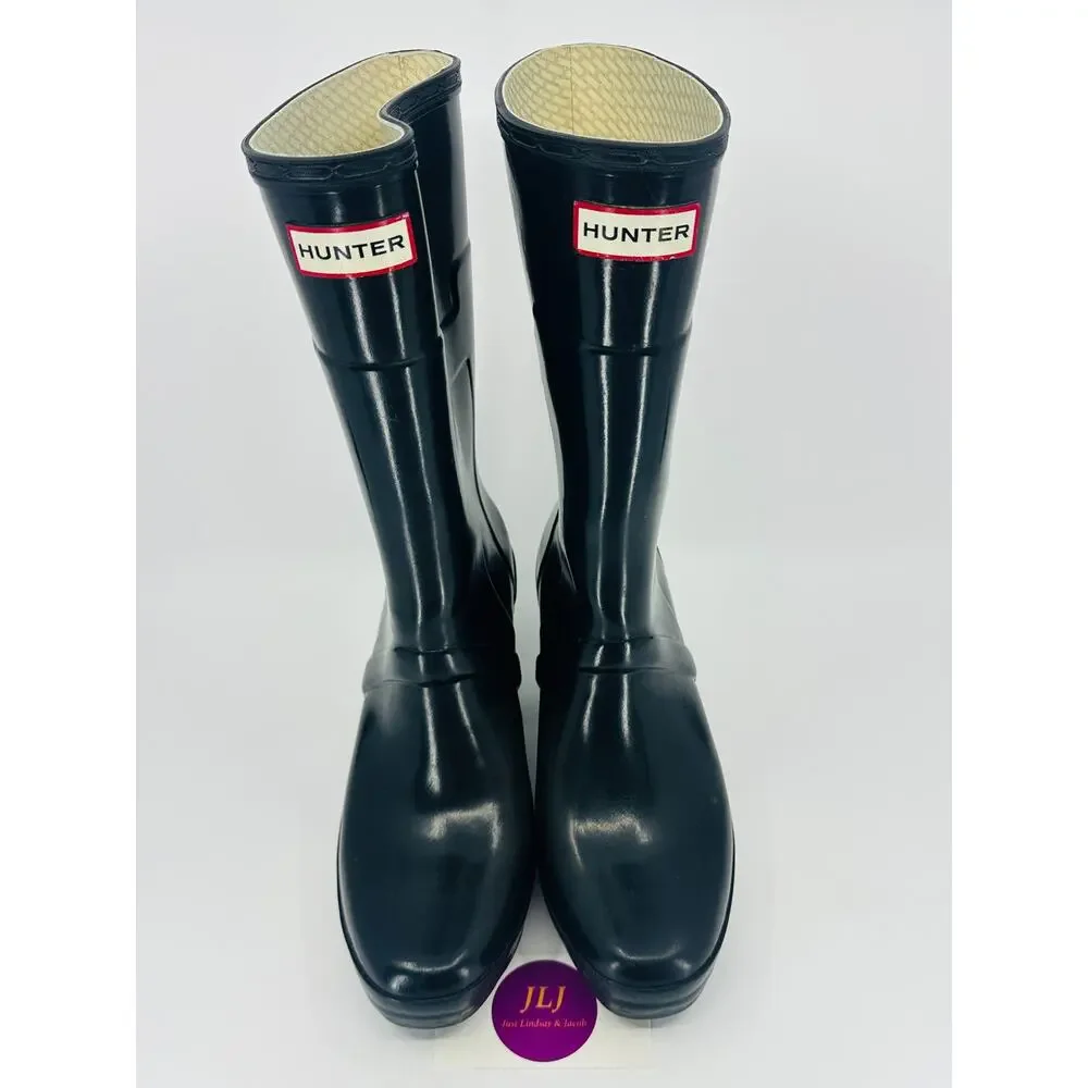 Hunter Women's Kellan Mid Black Glossy Rubber Wedge Rain Boots Size 8 SEE PHOTOS
